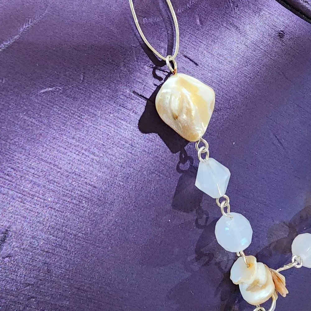 Abalone Shell Clear Glass Bead and White Bead Y Lariat Style Gold Necklace